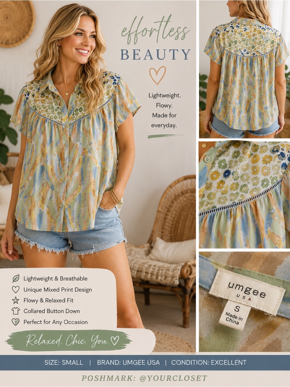 Umgee Blouse Size S Multicolor Animal Print Button Down Top